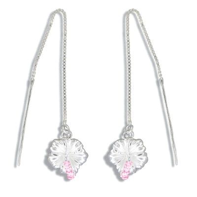 Sterling Silver White Sand Hawaiian Hibiscus with Pink CZ Long Chain Earrings