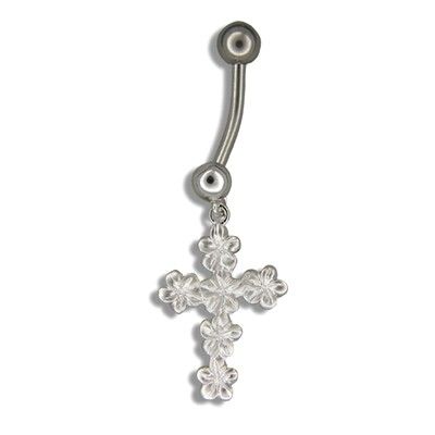 Sterling Silver Dangling Hawaiian Plumeria and Cross Shaped Belly Button Ring