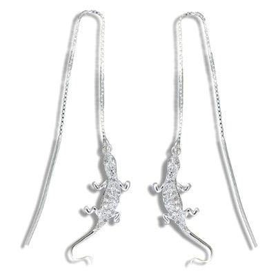 Sterling Silver White Sand Hawaiian Gecko with Clear CZ Long Chain Earrings