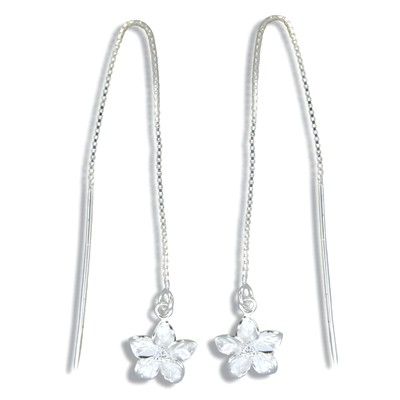 Sterling Silver White Sand Elegant Hawaiian Plumeria with Clear CZ Long Chain Earrings