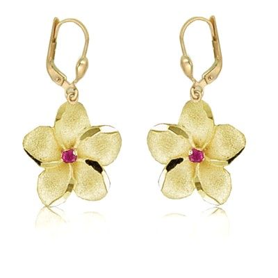 14K Yellow Gold 18mm Hawaiian Plumeria with Ruby Lever Back Earrings