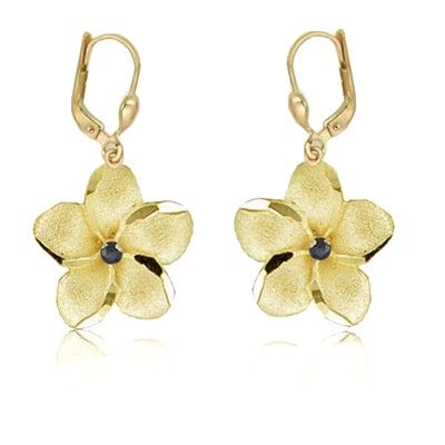14K Yellow Gold 18mm Hawaiian Plumeria with Sapphire Lever Back Earrings