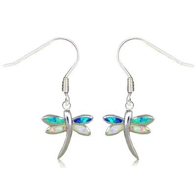 Sterling Silver Hawaiian Dragonfly Shaped Rainbow Opal Earrings with Fish Wires