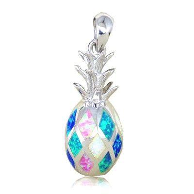 Sterling Silver Hawaiian Small Pineapple Shaped Rainbow Opal Pendant