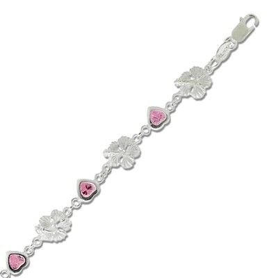 Sterling Silver 9MM Hawaiian Hibiscus Design with Heart Shaped Pink CZ Bracelet