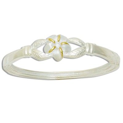 Sterling Silver Two Tone Hawaiian Plumeria Design Bangle with Hinge Opening