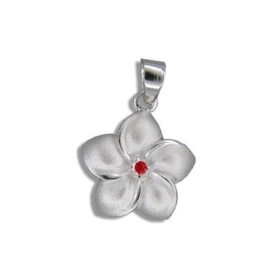 Sterling Silver Hawaiian 15MM Plumeria with Red CZ Design Pendant