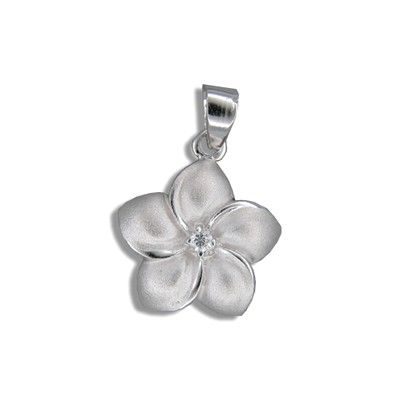 Sterling Silver Hawaiian 15MM Plumeria with Clear CZ Design Pendant