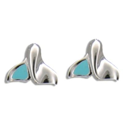 Sterling Silver Jumping Whale Tail with half Blue Enamel Design Pierced Earrings