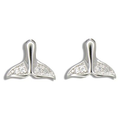 Sterling Silver Jumping Whale Tail with Clear CZ Design Pierced Earrings