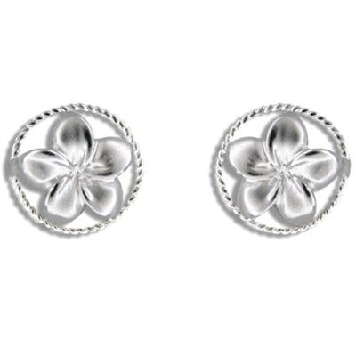 Sterling Silver Hawaiian Plumeria in Circle Design Pierced Earrings