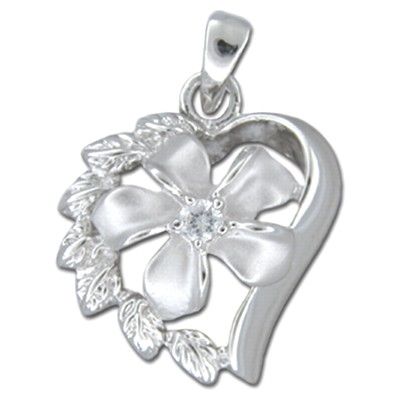 Sterling Silver Hawaiian Plumeria in Heart with Clear CZ Pendant