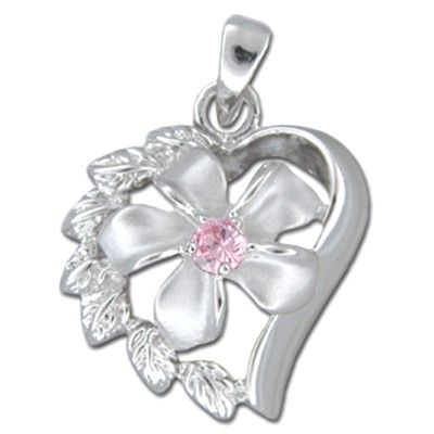Sterling Silver Hawaiian Plumeria in Heart with Pink CZ Pendant
