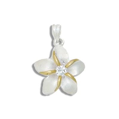 Sterling Silver Two Tone 20MM Hawaiian Plumeria with Clear CZ Design Pendant