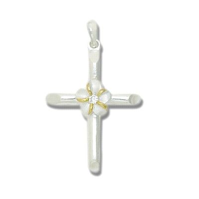 Sterling Silver Cross Design with Two Tone 8MM Hawaiian Plumeria with Clear CZ Pendant