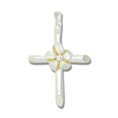 Sterling Silver Two Tone Cross Design with 10MM Hawaiian Plumeria with Clear CZ Pendant