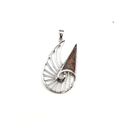 Sterling Silver Hawaiian Cut-In Nautilus Shell Red Fire Opal Pendant