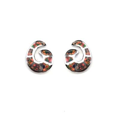 Sterling Silver Hawaiian Wave Shaped with Red Fire Opal Post Earrings