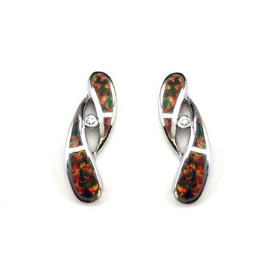 Sterling Silver Hawaiian Curved Shaped with Red Fire Opal Post Earrings