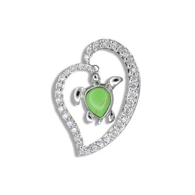Sterling Silver Hawaiian Green Turquoise Honu in CZ Heart Pendant