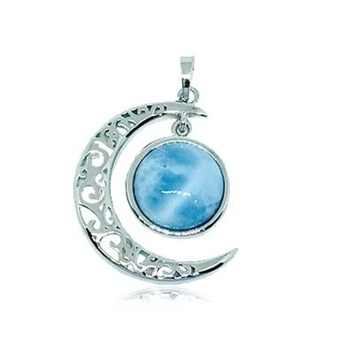 Sterling Silver and Genuine Larimar Sun and Moon Pendant