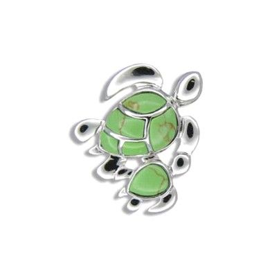 Sterling Silver Hawaiian Mother and Baby Honu Green Turquoise Pendant