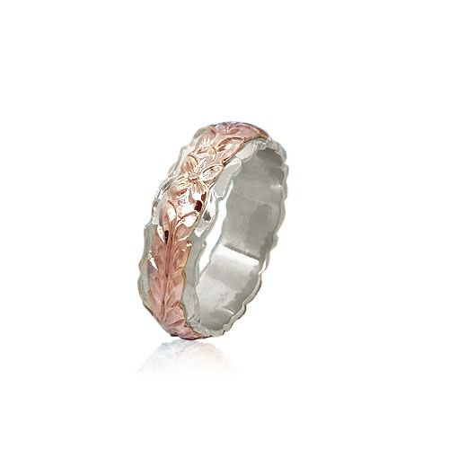 14KT Gold Rose and White Double Two Tone Hawaiian Maile Wedding Ring Band