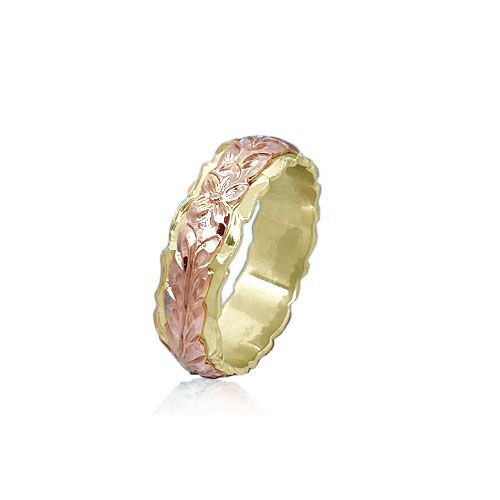 14KT Gold Rose and Yellow Double Two Tone Hawaiian Maile Wedding Ring Band