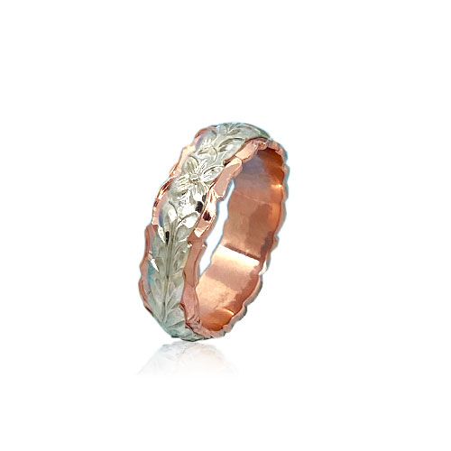 14KT Gold White and Rose Double Two Tone Hawaiian Maile Wedding Ring Band