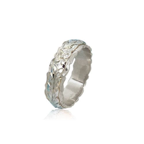 14KT White Gold Double Hawaiian Maile Leaf Wedding Ring Band