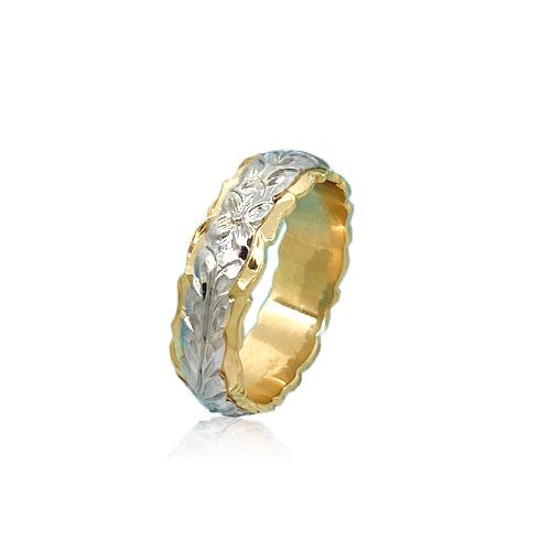 14KT Gold White and Yellow Double Two Tone Hawaiian Maile Wedding Ring Band