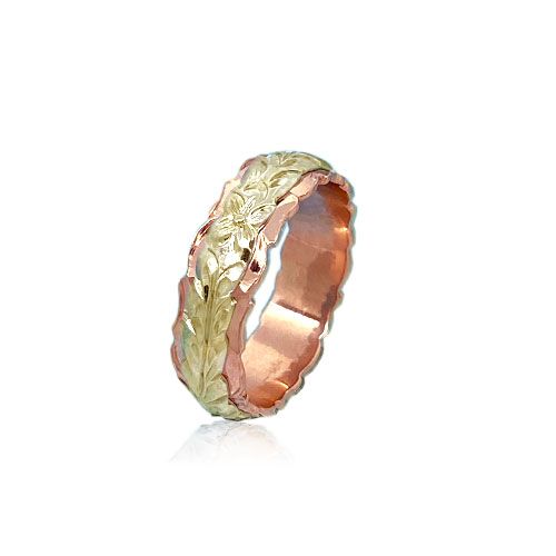 14KT Gold Yellow and Rose Double Two Tone Hawaiian Maile Wedding Ring Band