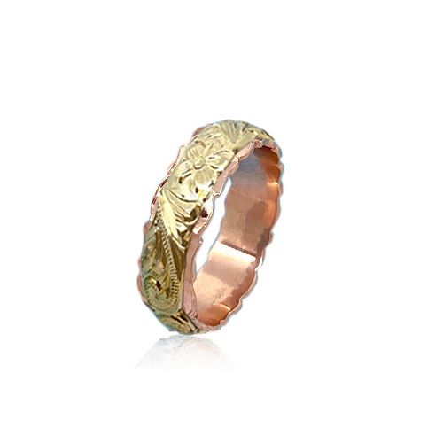 14KT Gold Yellow and Rose Double Two Tone Hawaiian Plumeria Scroll Wedding Ring Band