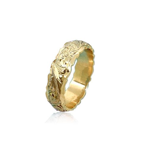 14KT Yellow Gold Double Hawaiian Plumeria Scroll Wedding Ring Band