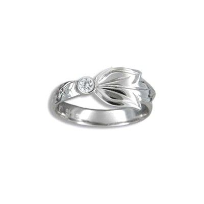 Fine Engraved Sterling Silver Hawaiian Scroll and Maile Leaf with CZ Ring
