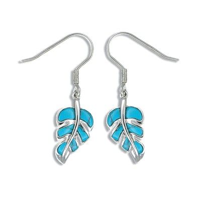 Sterling Silver Hawaiian Monstera Leaf with Blue Turquoise Fish Wire Earrings