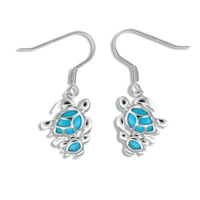 Sterling Silver Hawaiian Mother and Baby Honu Blue Turquoise Earrings