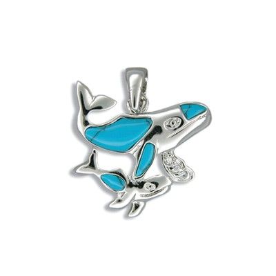 Sterling Silver Mother and Baby Whale Blue Turquoise Pendant