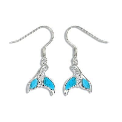 Sterling Silver Hawaiian Whale Tail Blue Turquoise Earrings with CZ