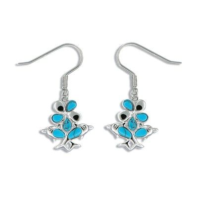Sterling Silver Hawaiian Plumeria and Dolphin with Blue Turquoise Earrings