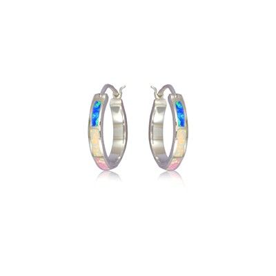 Sterling Silver Hawaiian Hoop with Rainbow Opal Post Earrings (S)