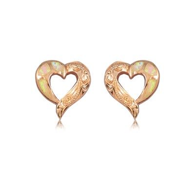Sterling Silver Hawaiian Cut-Out Heart Pink Opal Pierced Earrings 