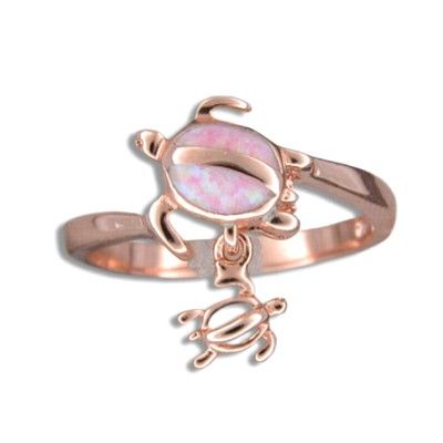 Sterling Silver Hawaiian Mother and Baby Honu Pink Opal Ring