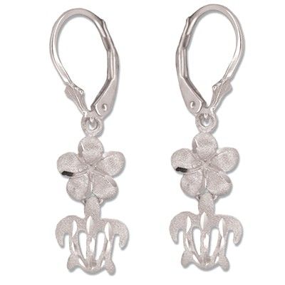 14kt White Gold 8mm Hawaiian Plumeria and Cut-Out HONU Lever Back Earrings