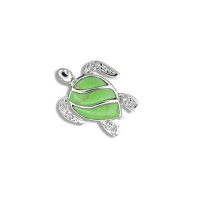 Sterling Silver Fancy Hawaiian Sea Turtle with CZ Green Turquoise Pendant