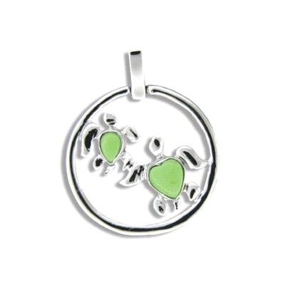 Sterling Silver Double Green Turquoise Hawaiian Honu in Circle Pendant
