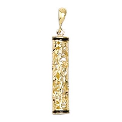 14kt Yellow Gold Hawaiian Hand-Carved Tube with Black Border Pendant