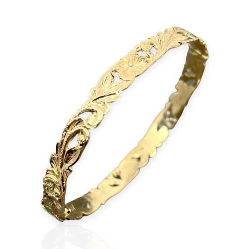 14KT Gold Hawaiian 8mm Cut-Out Hibiscus Princess Bangle with Box Clasp and Hinge