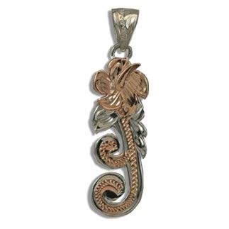 Fine Engraved Sterling Silver Rose Gold Coated Hawaiian Hibiscus and Scroll Pendant