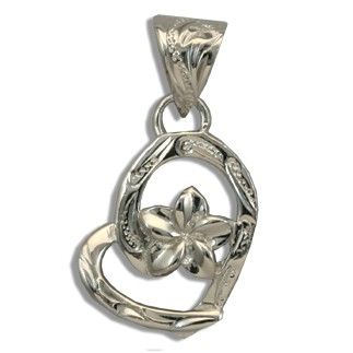 Fine Engraved Sterling Silver Hawaiian Plumeria with Heart Shaped Pendant